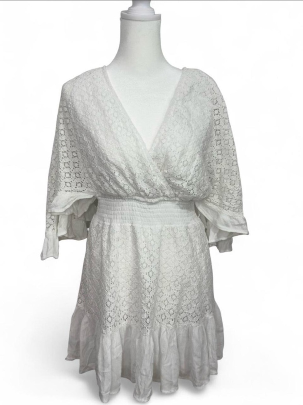 White Lace V-Neck Smocked Waist Dress